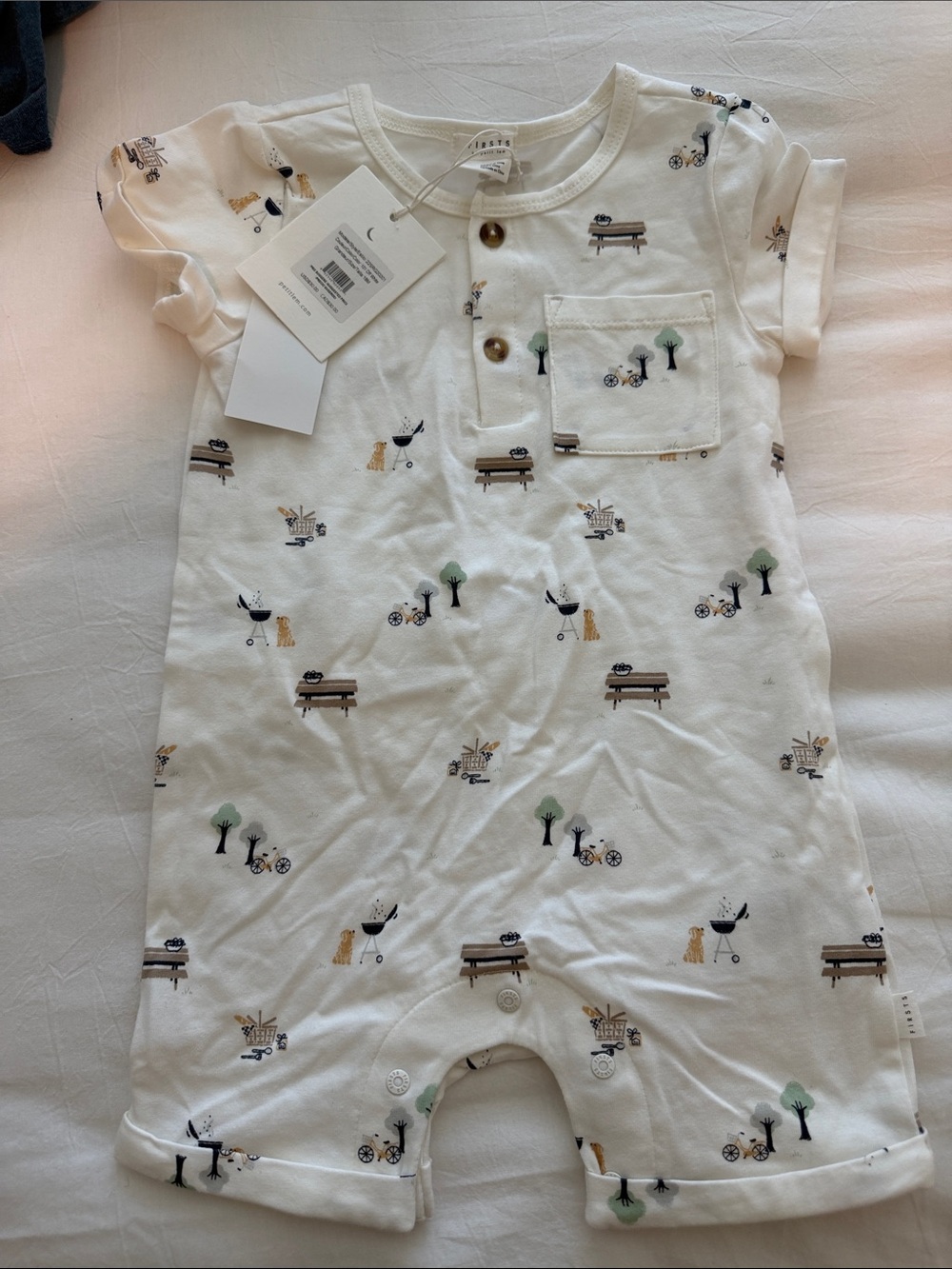 Baby Short-Sleeve Romper in White with bbq Print